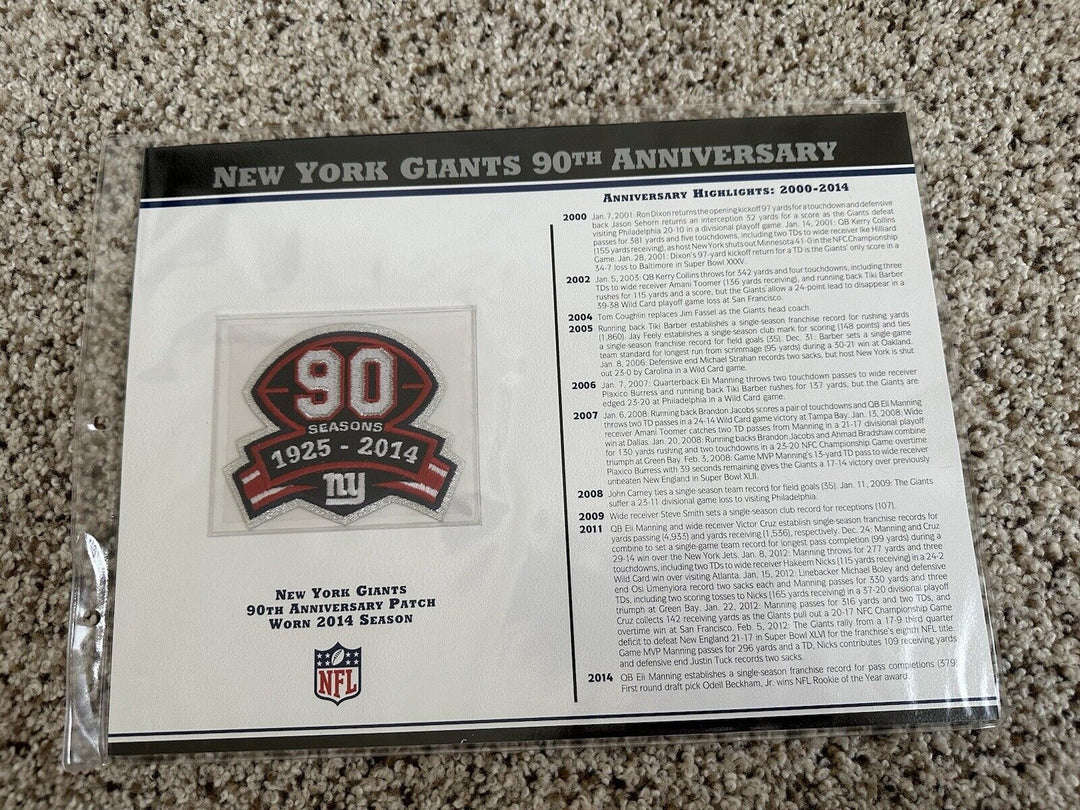 NEW YORK GIANTS ~ 90th ANNIVERSARY NFL PATCH STAT CARD Willabee & Ward - EB Sports Champion's Cache