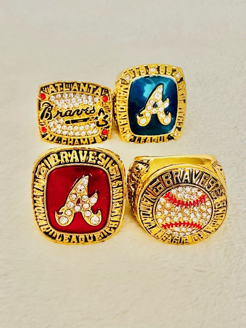 4 PCS Atlanta Braves World Series Champion Ring Set W Box, US SHIP 1991/92/96/99 - EB Sports Champion's Cache