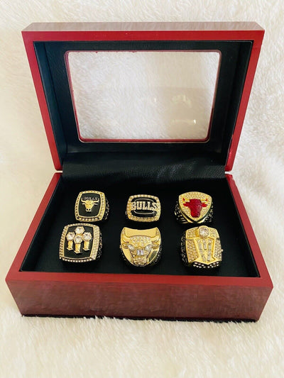 6 Pcs Chicago Bulls Michael Jordan Championship Ring Set with Case,  SHIP - EB Sports Champion's Cache