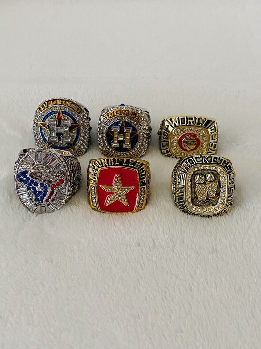 6 Pcs Houston Ultimate Championship Ring Set W Box,  SHIP, NFL MLB NBA - EB Sports Champion's Cache