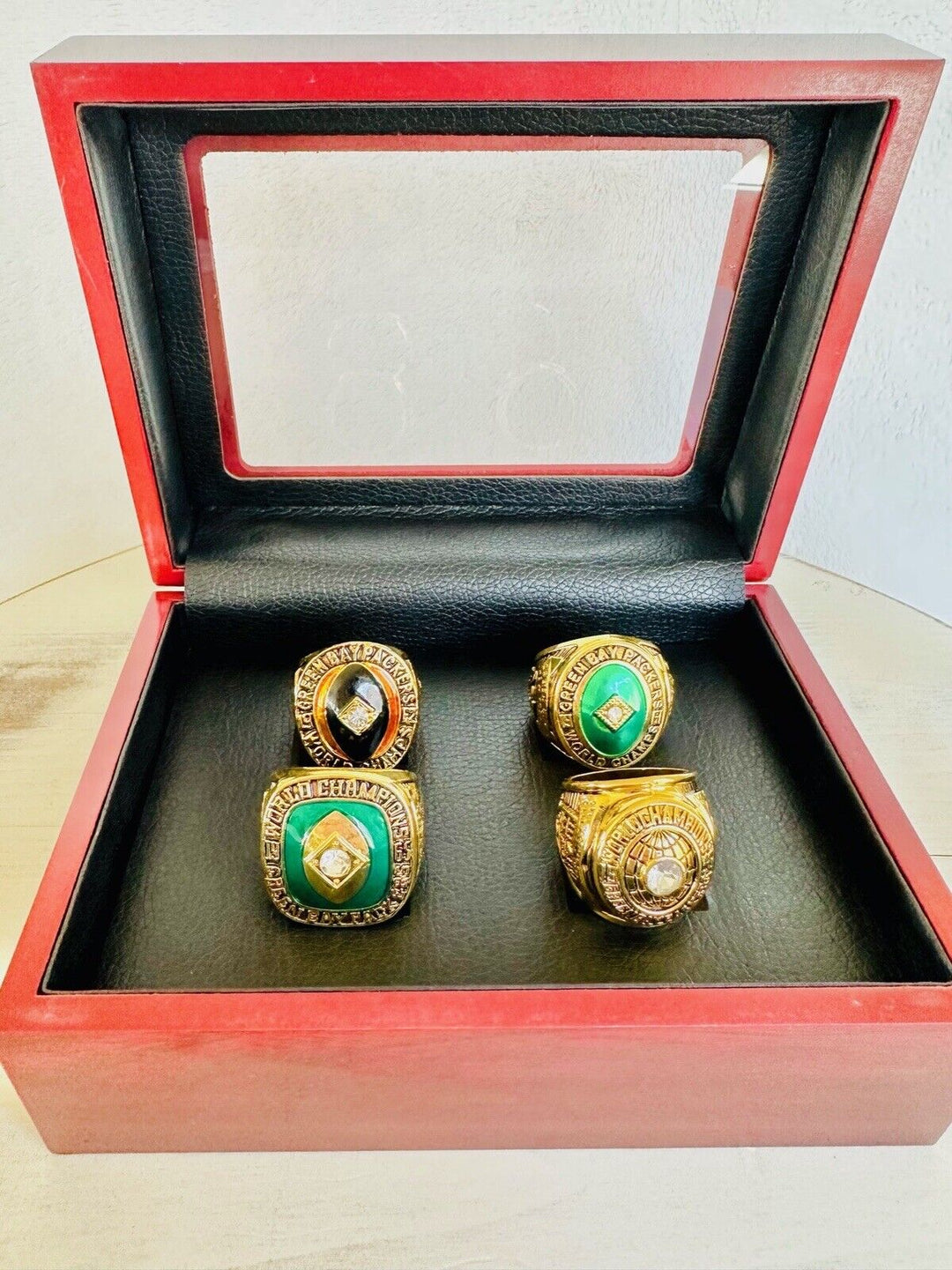 4 PCS Green Bay Packers Championship Ring SET W Case, US SHIP 1961/62/65/66 - EB Sports Champion's Cache