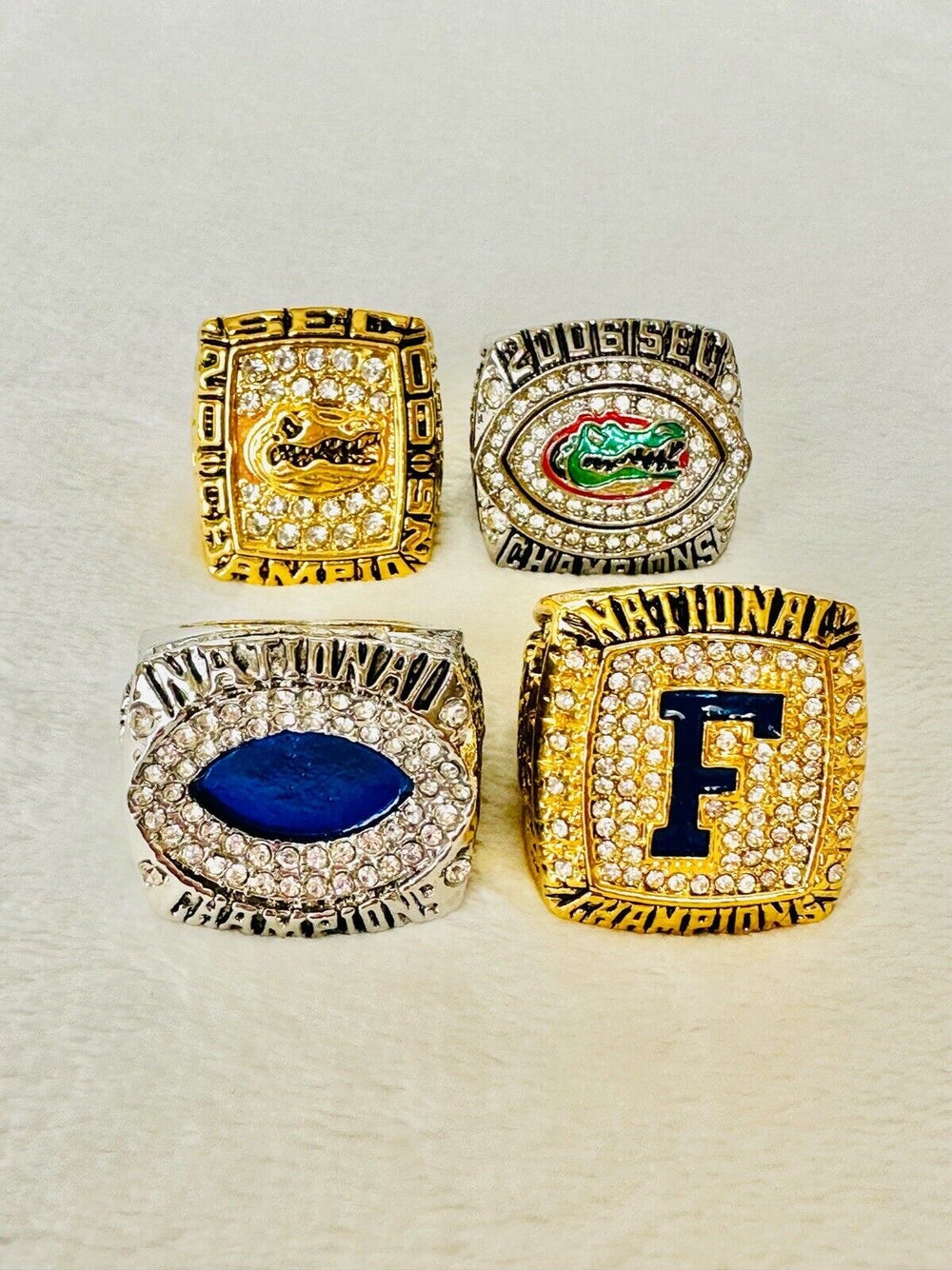 4 PCS Florida Gators Championship Ring Set W Box, US SHIP, 2000/06/07/08 - EB Sports Champion's Cache