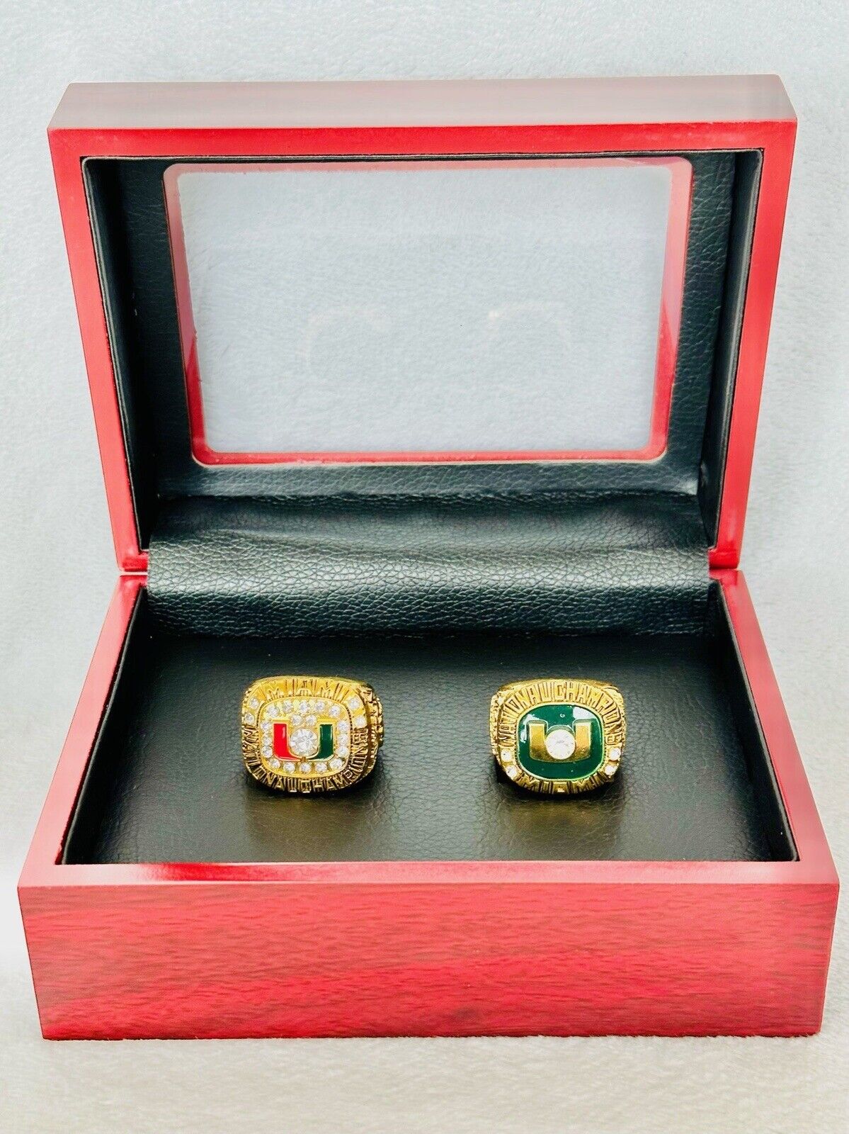 2 PCS Miami Hurricanes NCAA 18k GP Championship Ring W Box, US SHIP 1991/2001 - EB Sports Champion's Cache