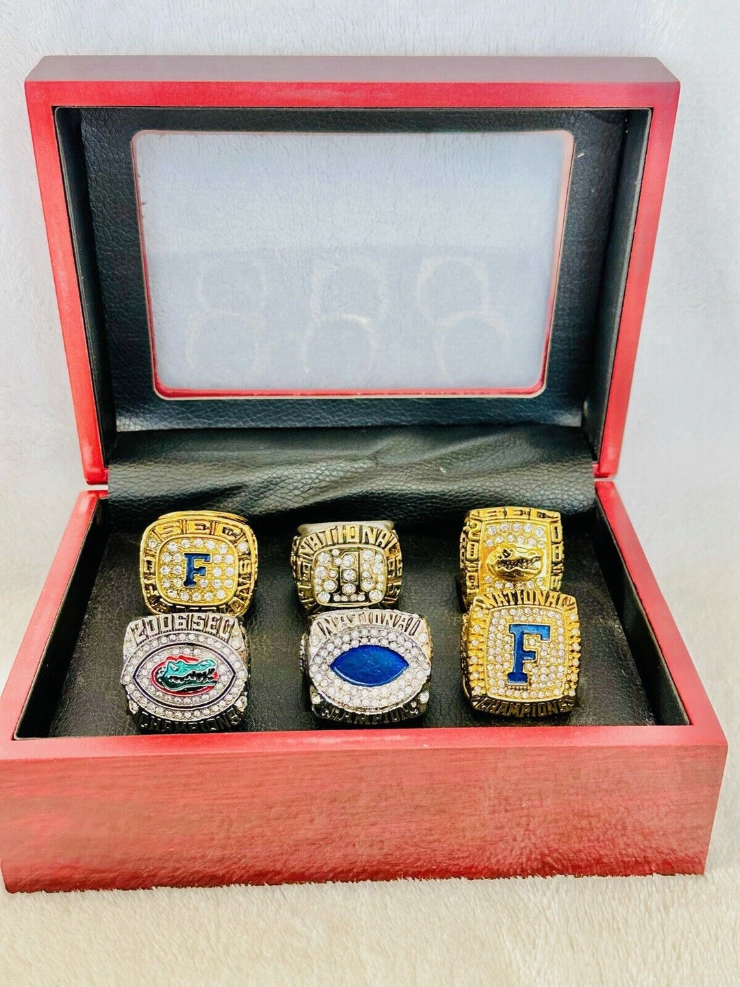 6 PCS Florida Gators Championship Ring W Box Set, US SHIP, 1995-2008 - EB Sports Champion's Cache