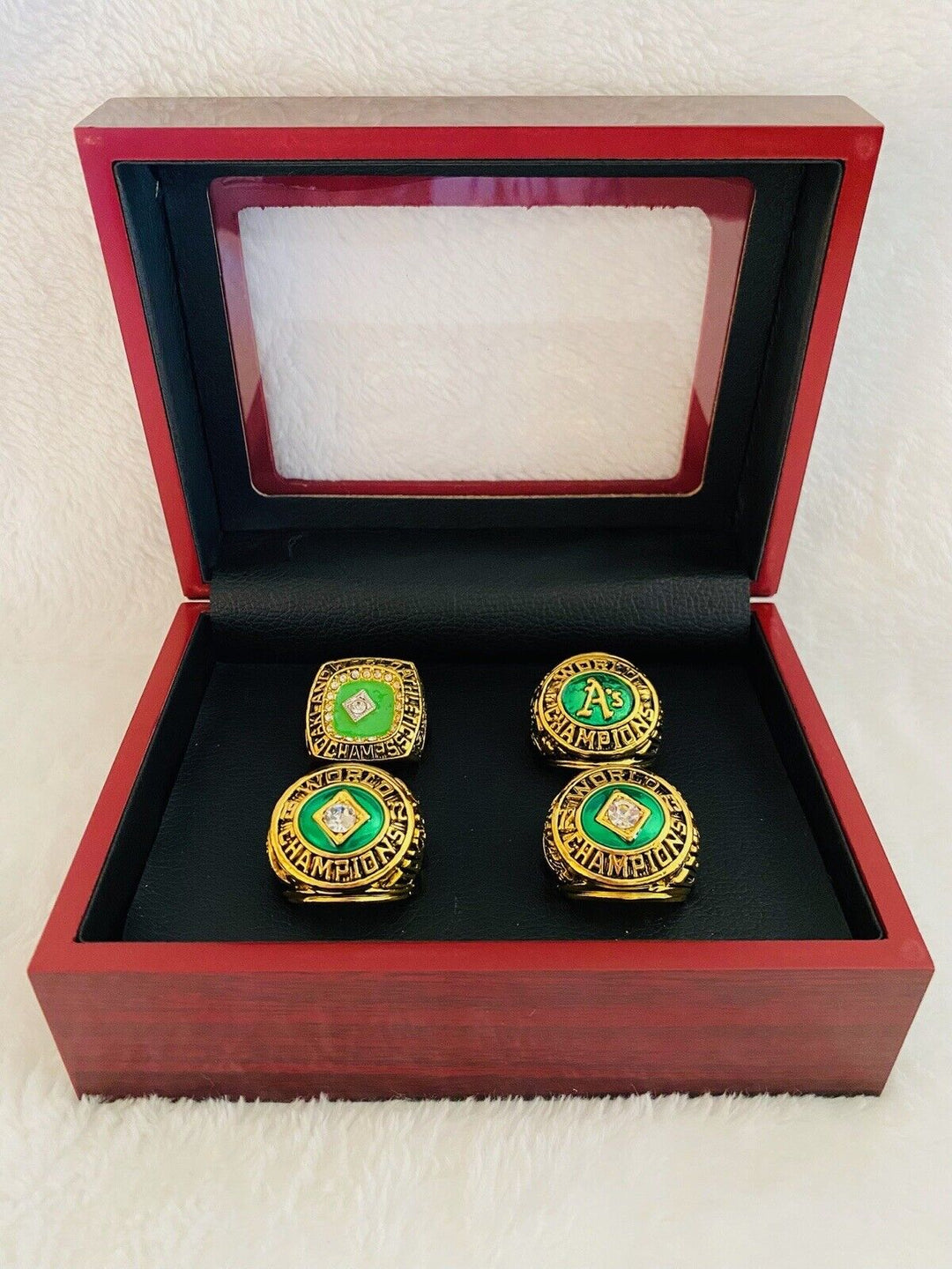 4 PCS Oakland Athletics World Series Ring Complete Set W Box, US SHIP 1972-1989 - EB Sports Champion's Cache