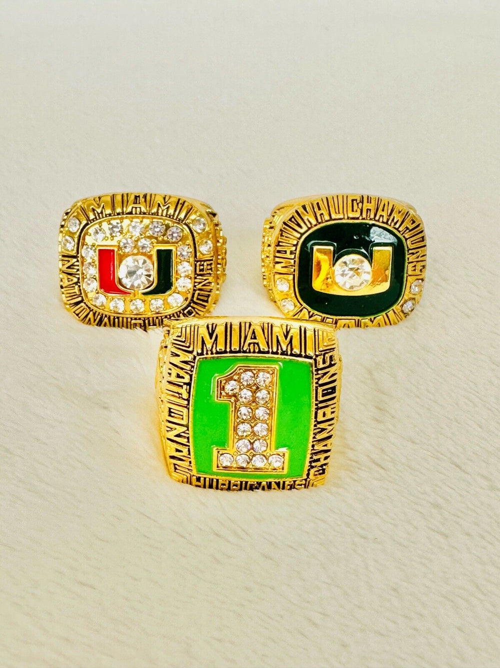 3 PCS Miami Hurricanes NCAA 18k GP Championship Ring W Box, US SHIP 1989/91/01 - EB Sports Champion's Cache