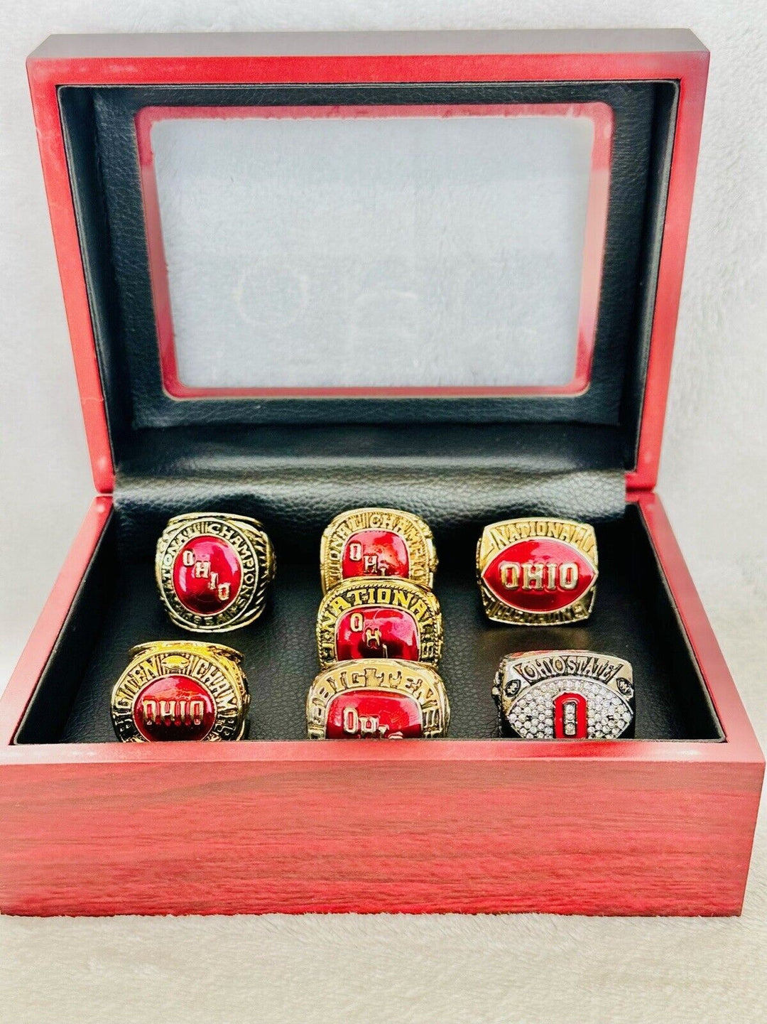 7 PCS Ohio State NCAA Championship Ring Set W Box, US SHIP 1954-2002 - EB Sports Champion's Cache