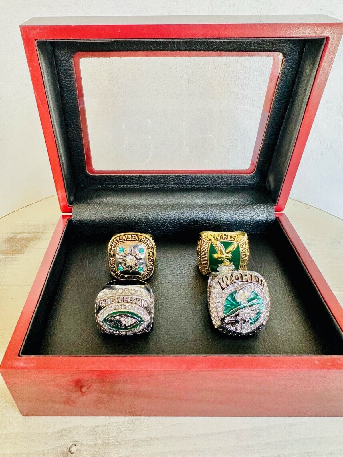 4 PCS Philadelphia Eagles Championship Ring SET W Case, USA Ship 1960/80/2004/17 - EB Sports Champion's Cache